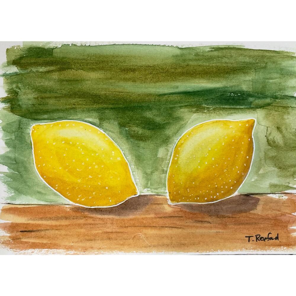 Hand painted watercolor original painting lemons brown table